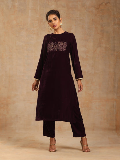 trueBrowns Wine Velvet Yoke Embroidered Kurta