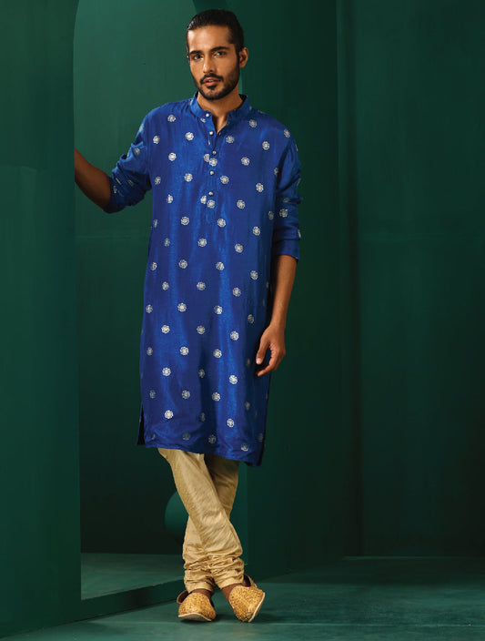 trueBrowns Men's Royal Blue Geometric Floral Viscose Silk Long Kurta