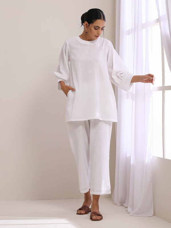 White Dobby Baggy Sleeve Co-Ord Set