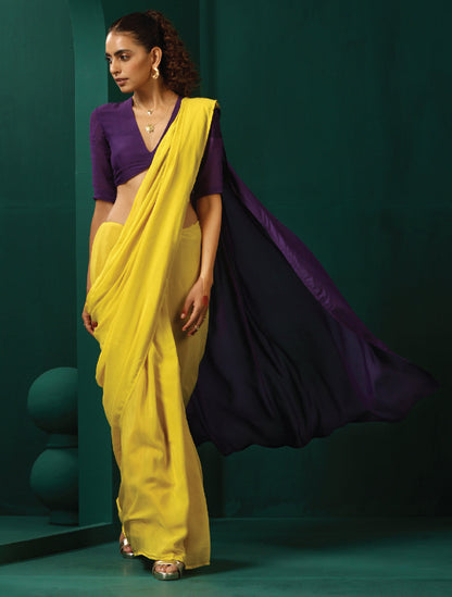 trueBrowns Yellow Purple Muslin Silk Ready to Wear Saree