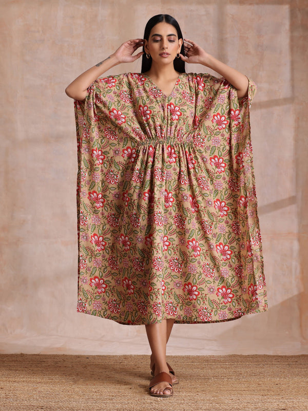 Beige Overall Big Floral Block Print Cotton Kaftan Dress