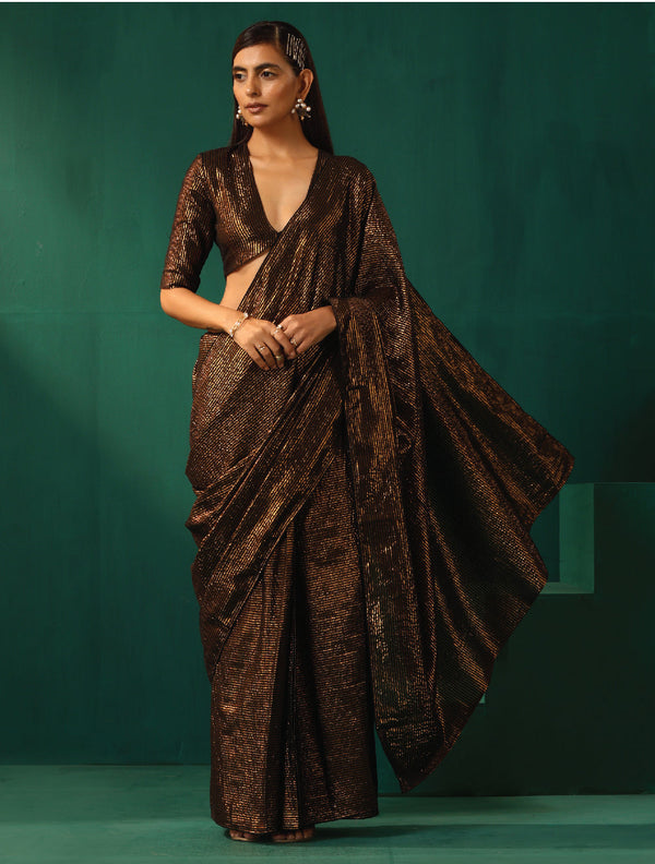 trueBrowns Black Cotton Gold Lurex Striped Ready to Wear Saree