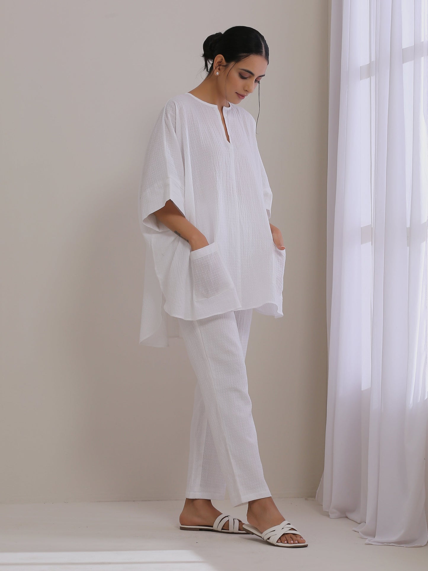 White Dobby Boxy Fit High Low Co-Ord Set