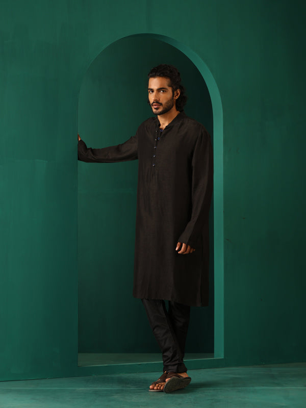 trueBrowns Men's Black Silk Long Kurta