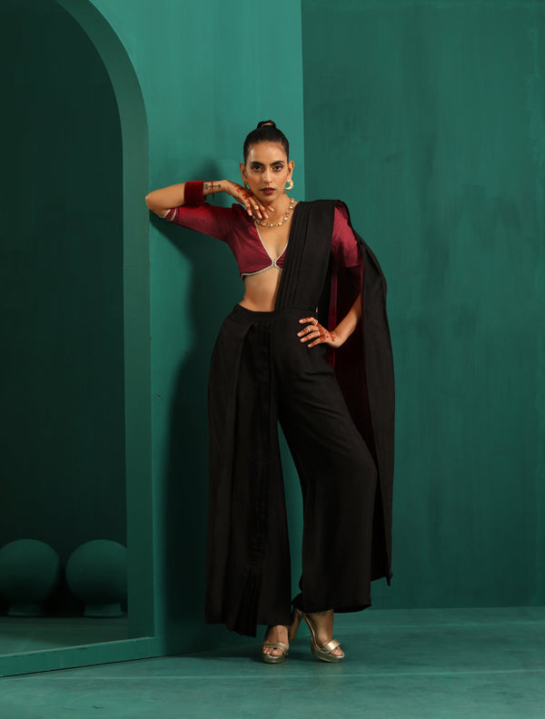 trueBrowns Black Silk Palazzo Stitched Saree