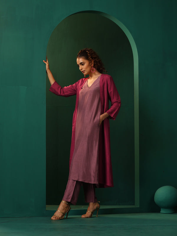 trueBrowns Maroon Light Mauve Silk Jacket Kurta Set