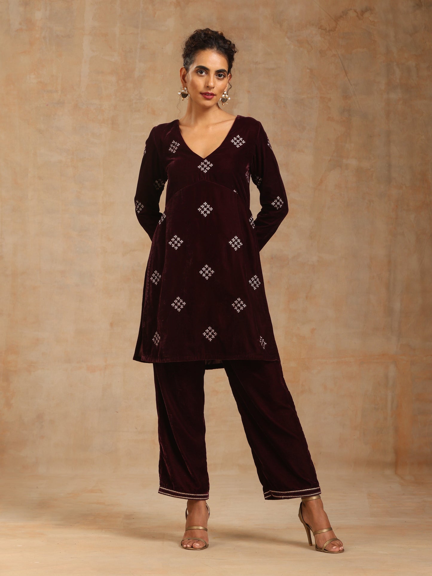 trueBrowns Wine Velvet Embroidered Co-ord Set