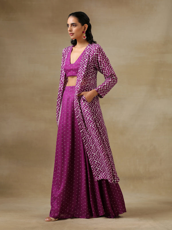 Purple Bandhani Printed Silk Top Skirt Jacket Set