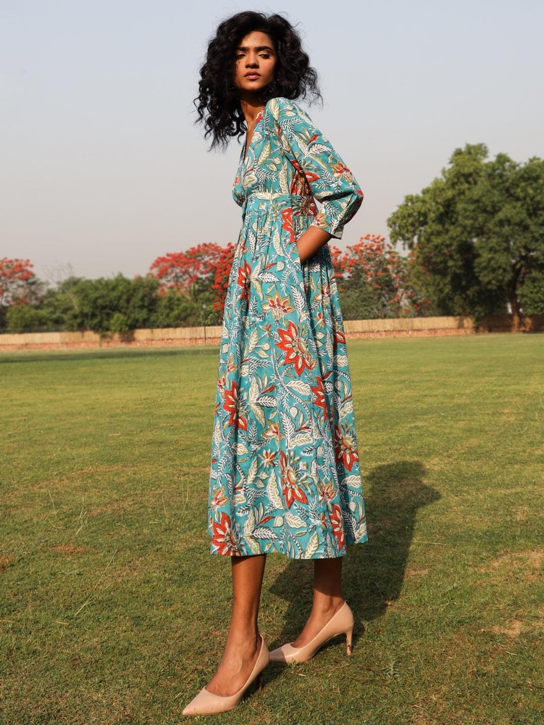 Teal Cotton Block Print Wrap Dress - trueBrowns