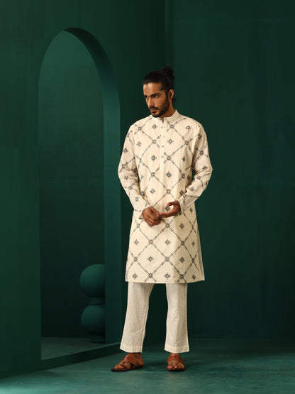 trueBrowns Men's Ivory Rhombus Cotton Kurta