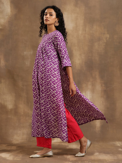 Purple Zig-Zag Printed Silk Kurta Pant Set