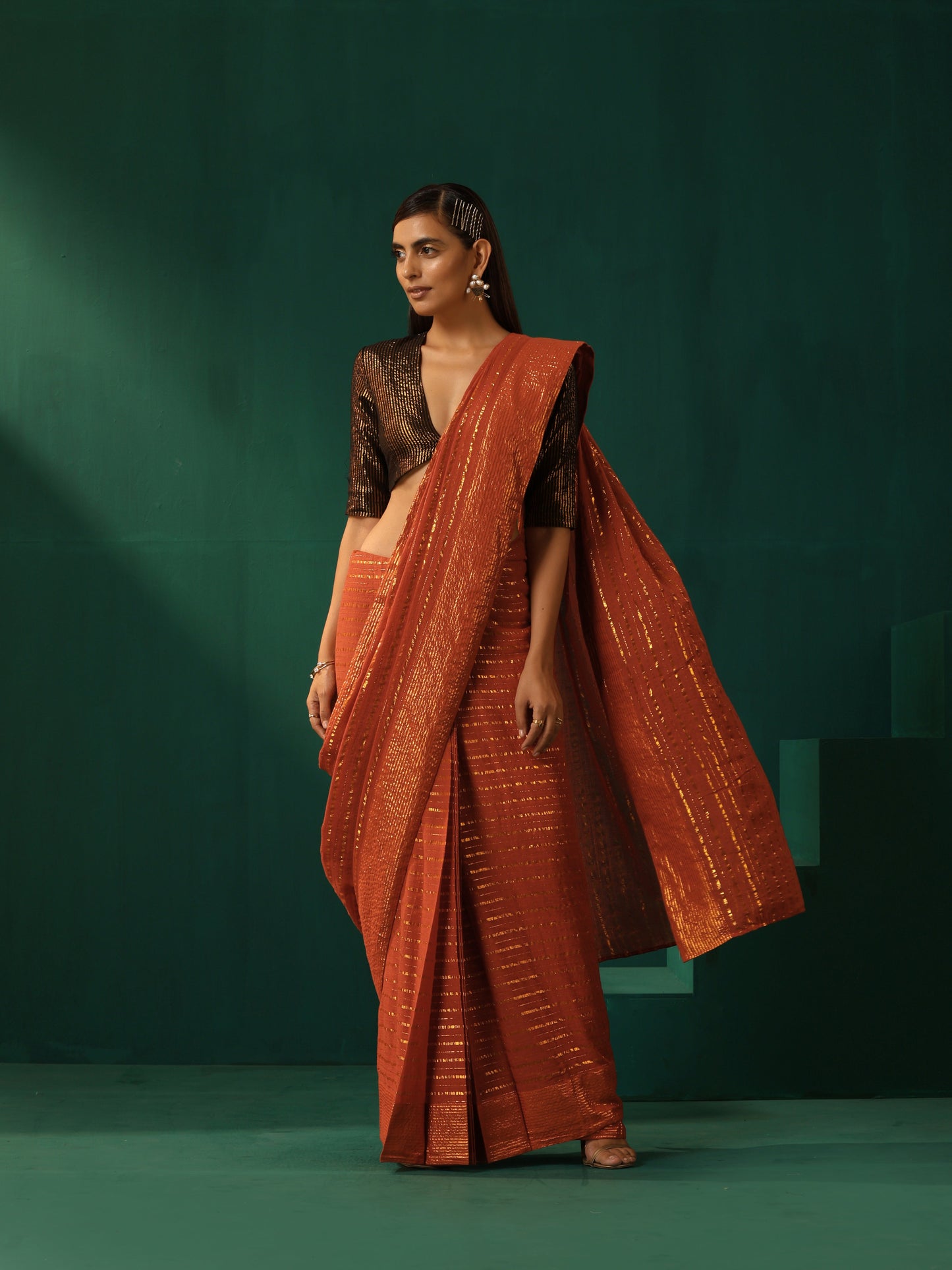 trueBrowns Rust Cotton Gold Lurex Striped Ready to Wear Saree