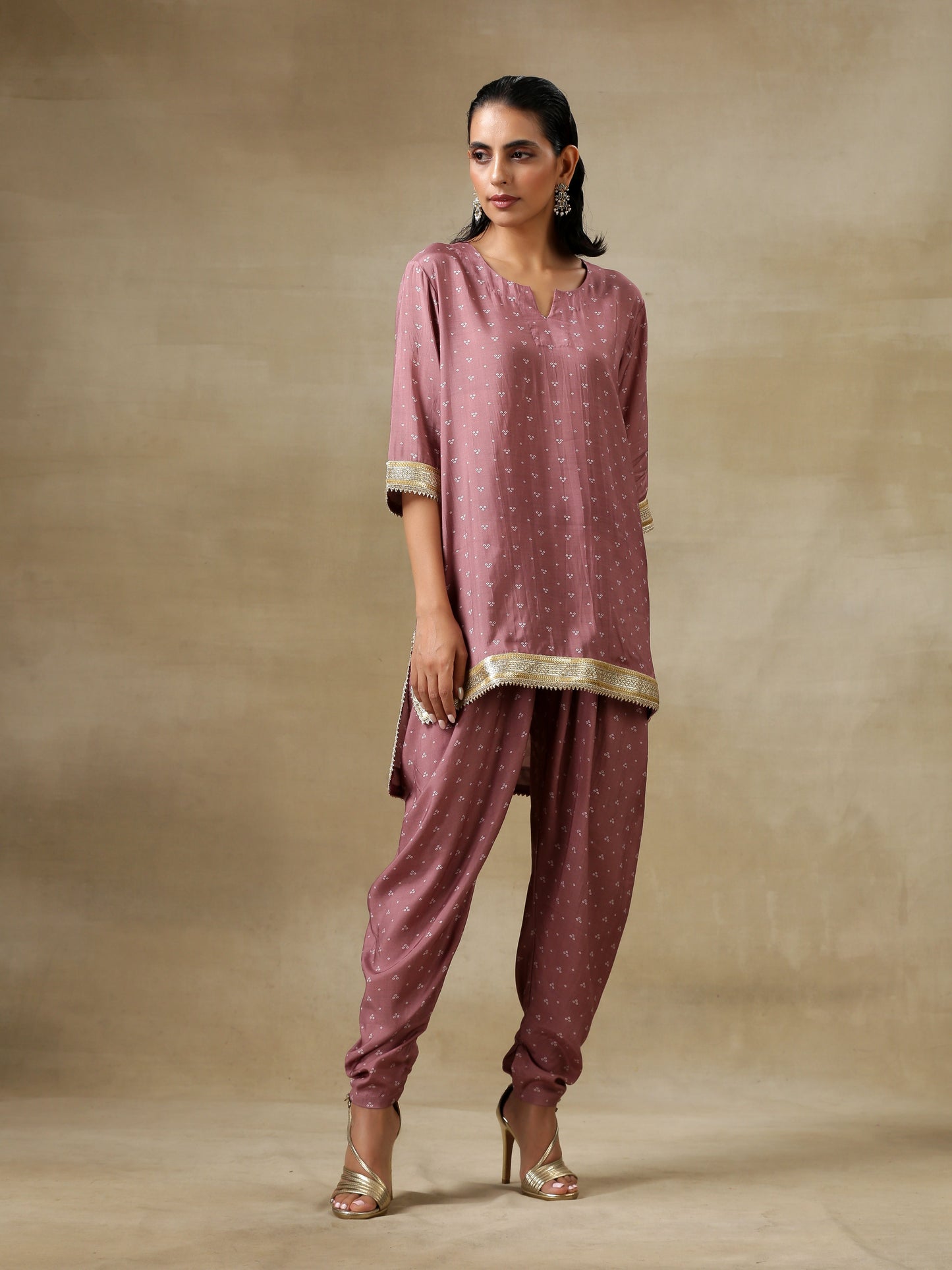 Dark Mauve Bandhani Printed Silk Loose Kurta Dhoti Pant Set