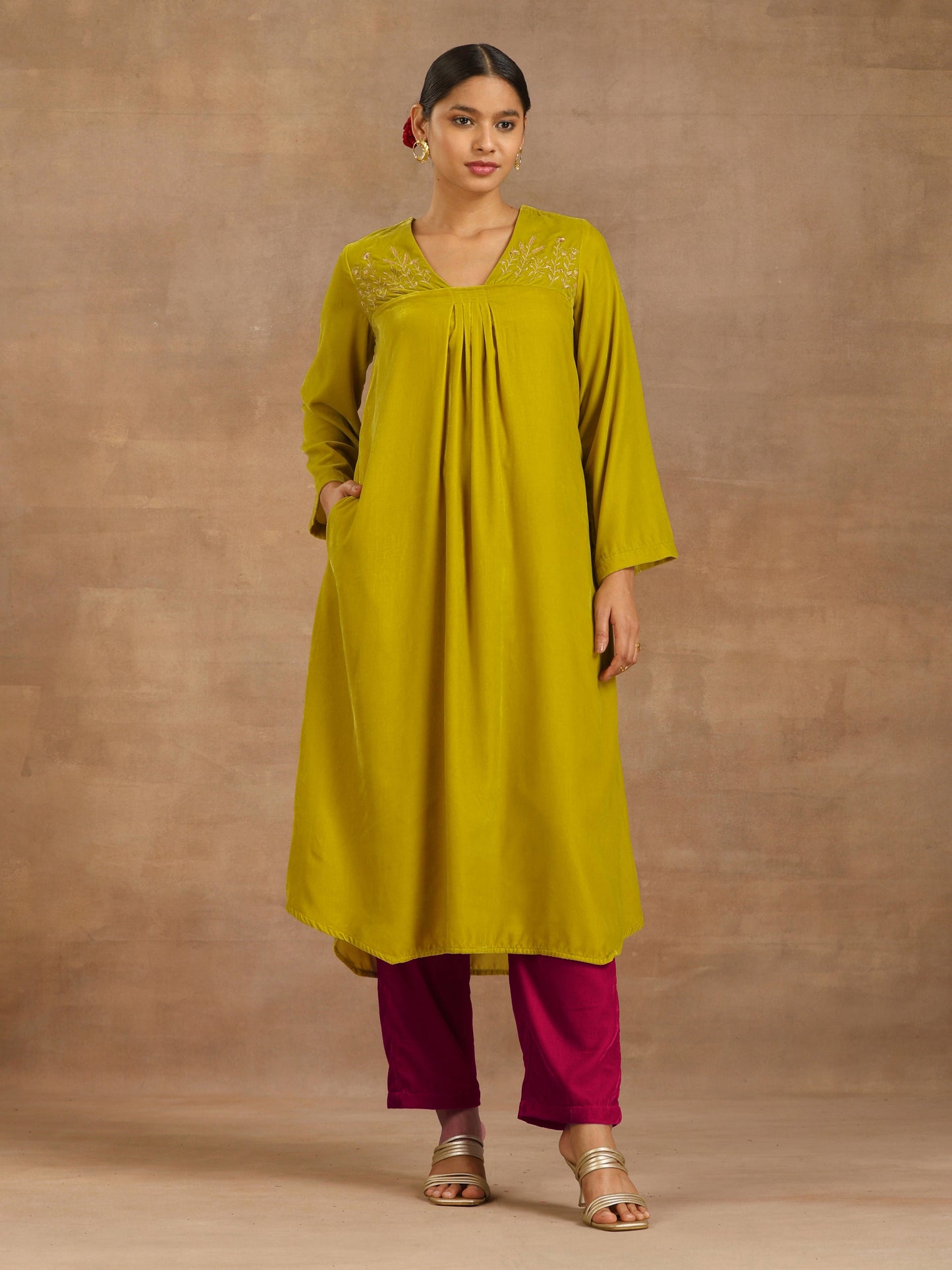 trueBrowns Lime Velvet Yoke Embroidered Kurta