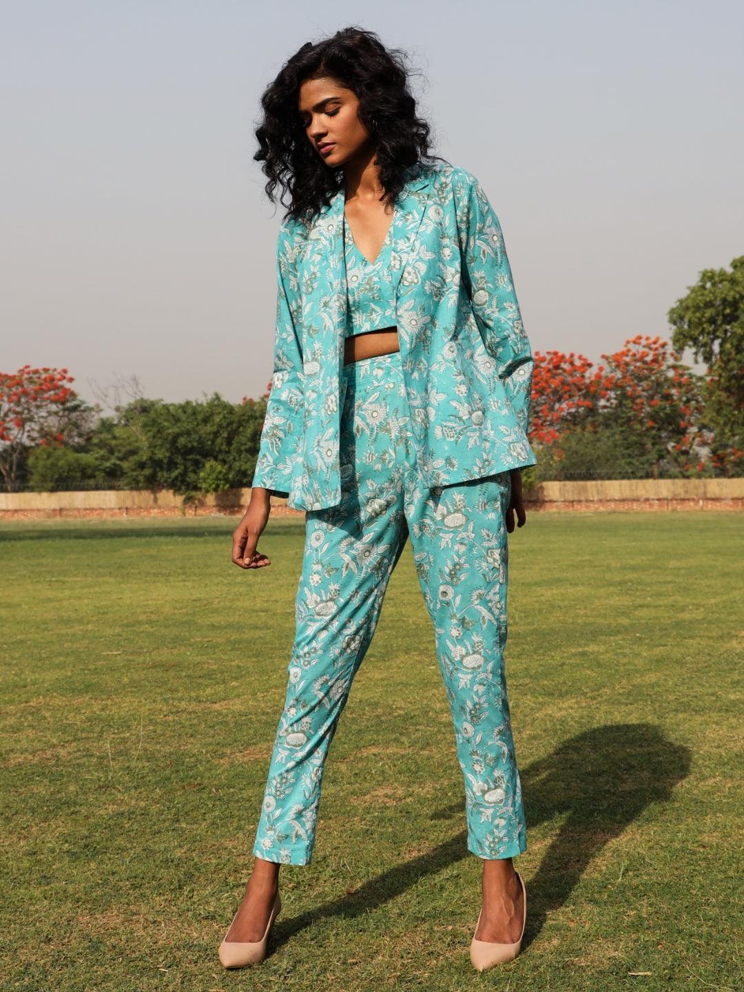 Turquoise Cotton Block Print Pant Suit Set - trueBrowns