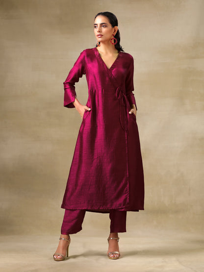 Purple Textured Silk Angrakha Kurta Pant Set