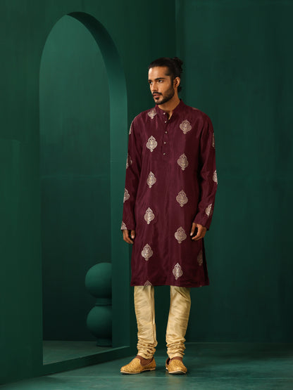 trueBrowns Men's Wine Geometric Viscose Silk Long Kurta