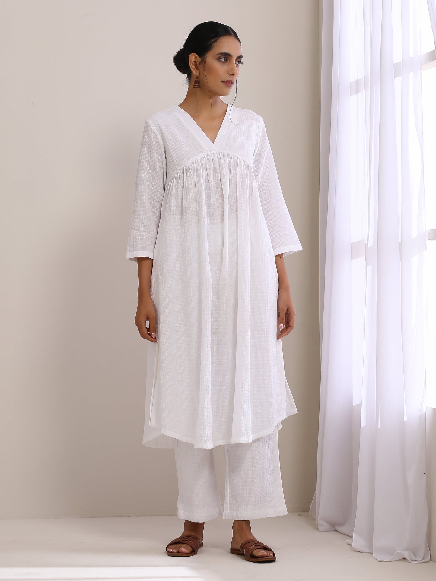 White Dobby Flared Slit Kurta Pant Set