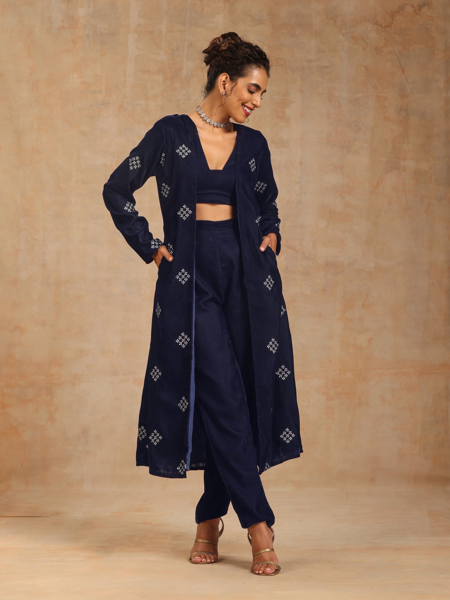 trueBrowns Midnight Blue Velvet Embroidered Jacket Set