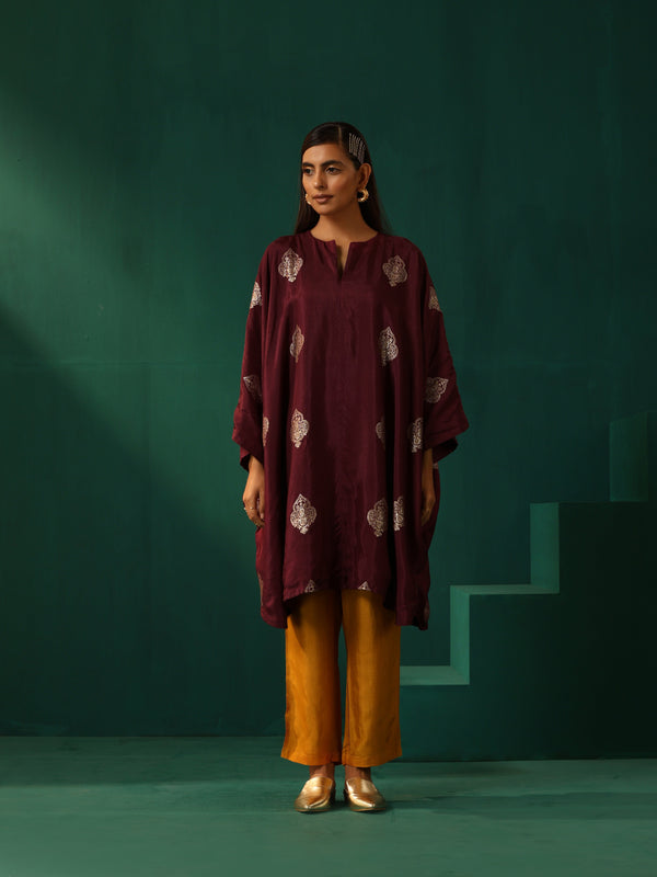 trueBrowns Wine Geometric Viscose Silk Kaftan Kurta Pant Set