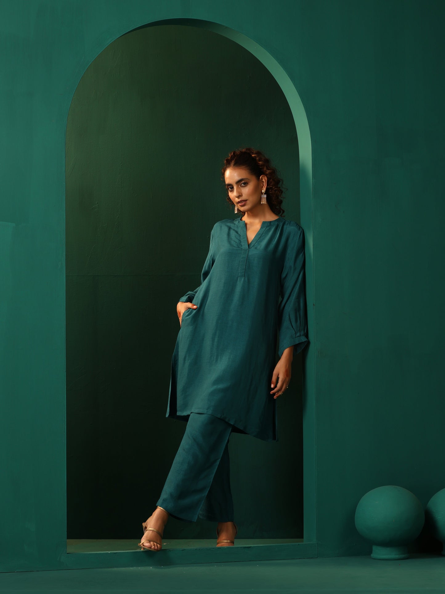 trueBrowns Teal Silk Relaxed Placket Co-ord Set