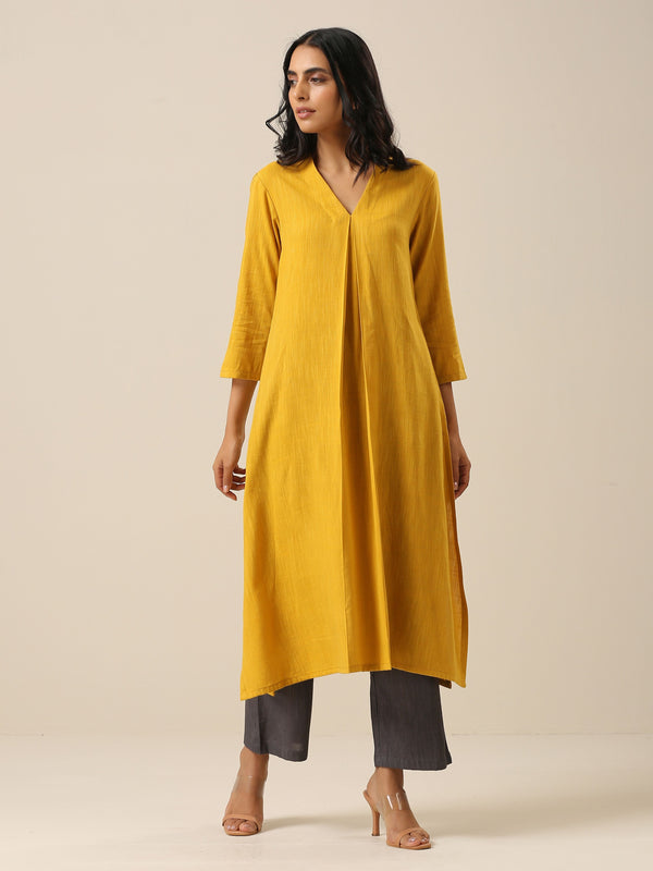 Mustard Yellow Slub Texture Neck Pleat Kurta Pant Set