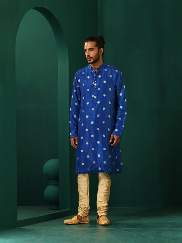 trueBrowns Men's Royal Blue Geometric Floral Viscose Silk Long Kurta