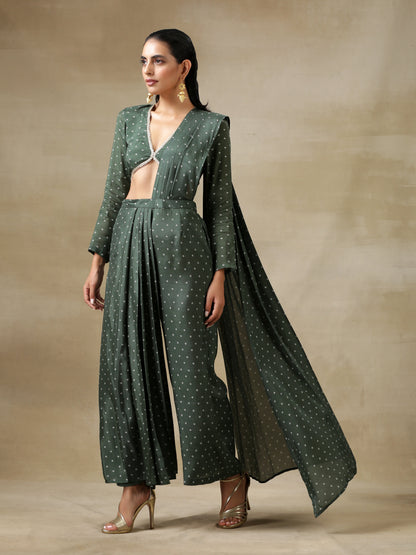 Dark Green Bandhani Printed Silk Palazzo Stitched Saree