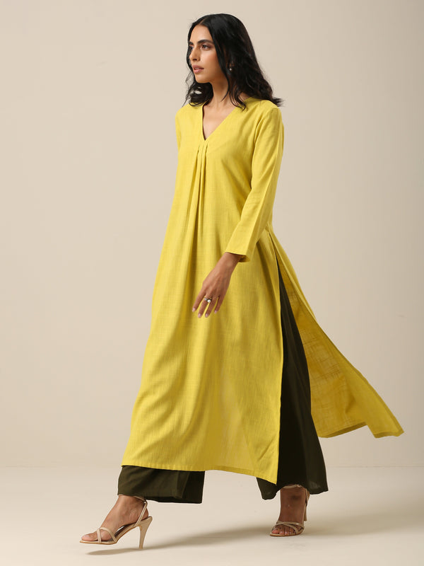 Lime Slub Texture Slit Kurta Palazzo Set