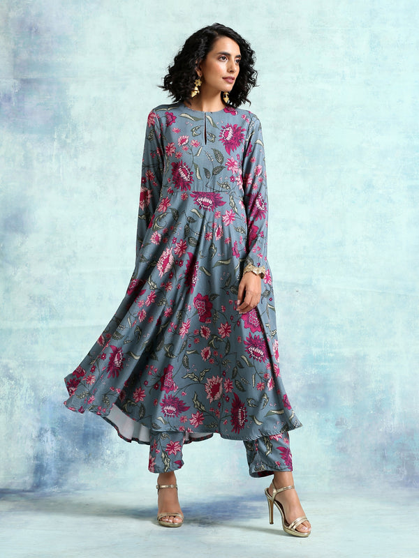 Grey Printed Velvet Anarkali Kurta