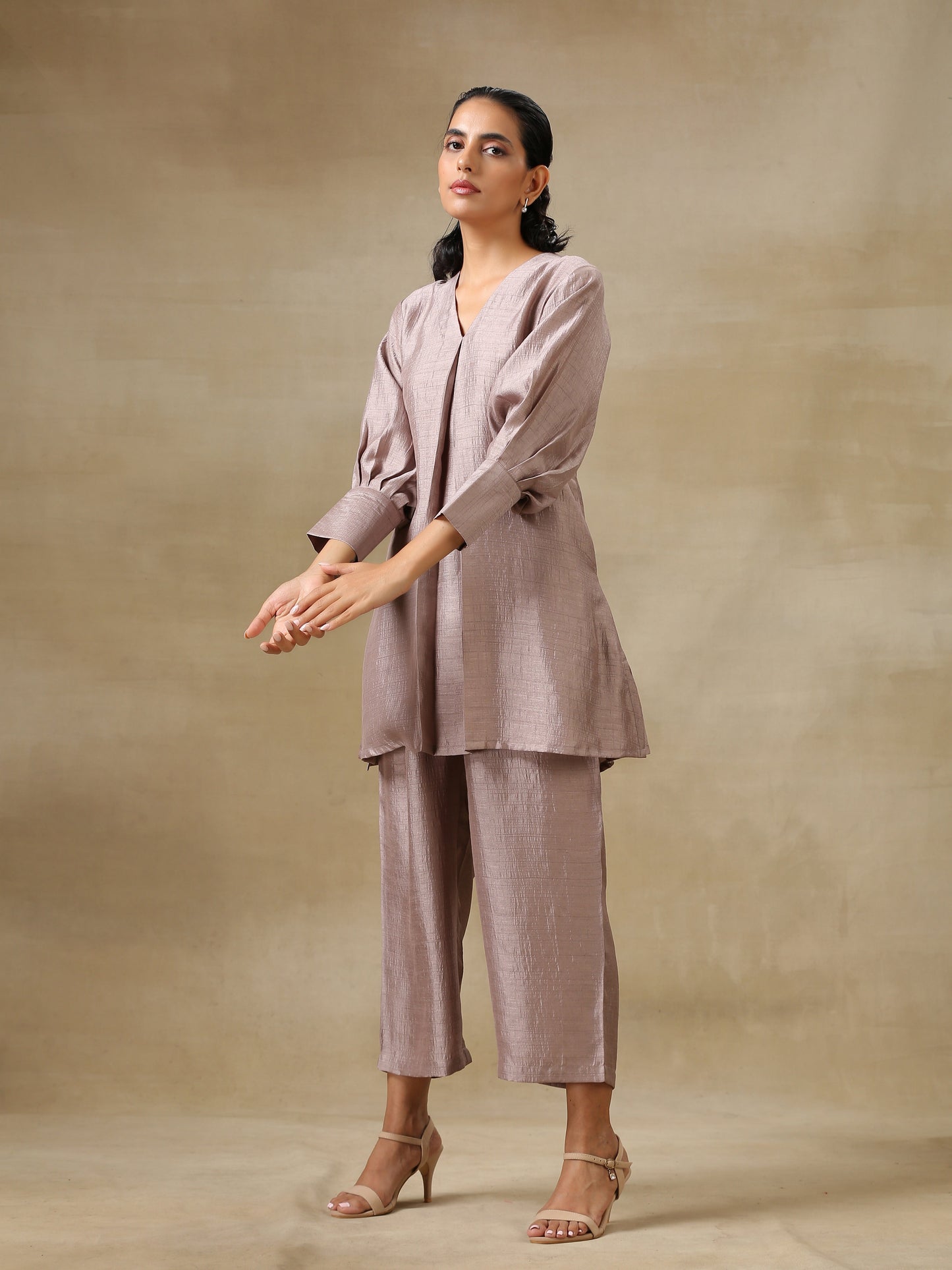 Grey Textured Silk Neck Pleat Co-Ord Set