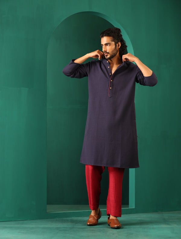 trueBrowns Men's Navy Dobby Textured Kurta