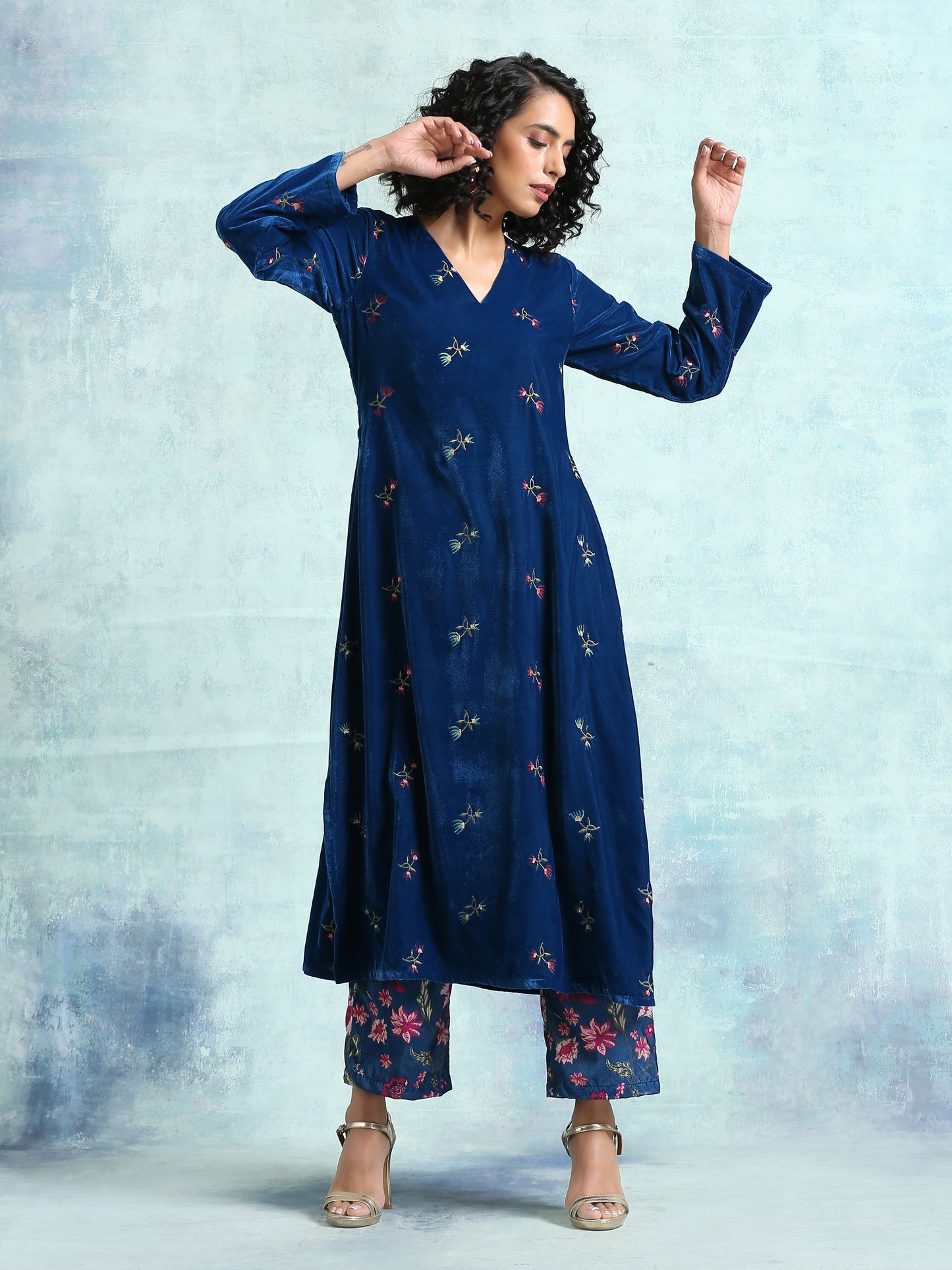 Blue Embroidered Velvet High Slit Kurta