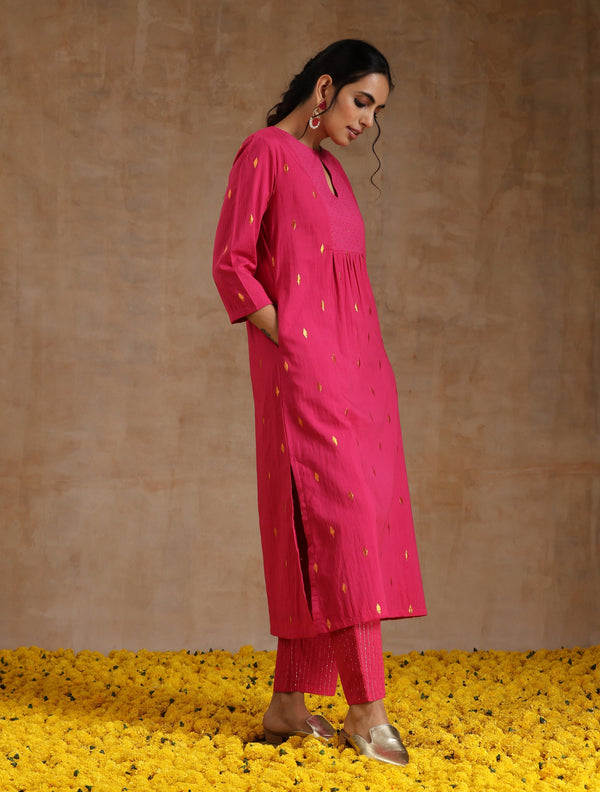 Pink Gold Cotton Yoke Kurta Set