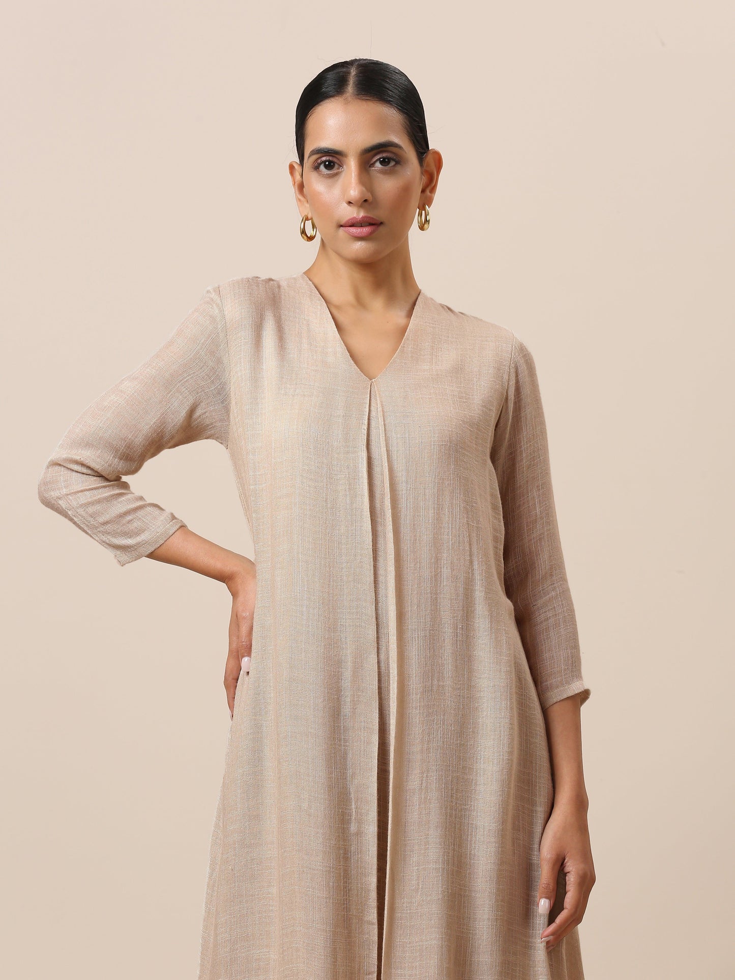 Linen Beige Textured Slit Kurta Pant Set