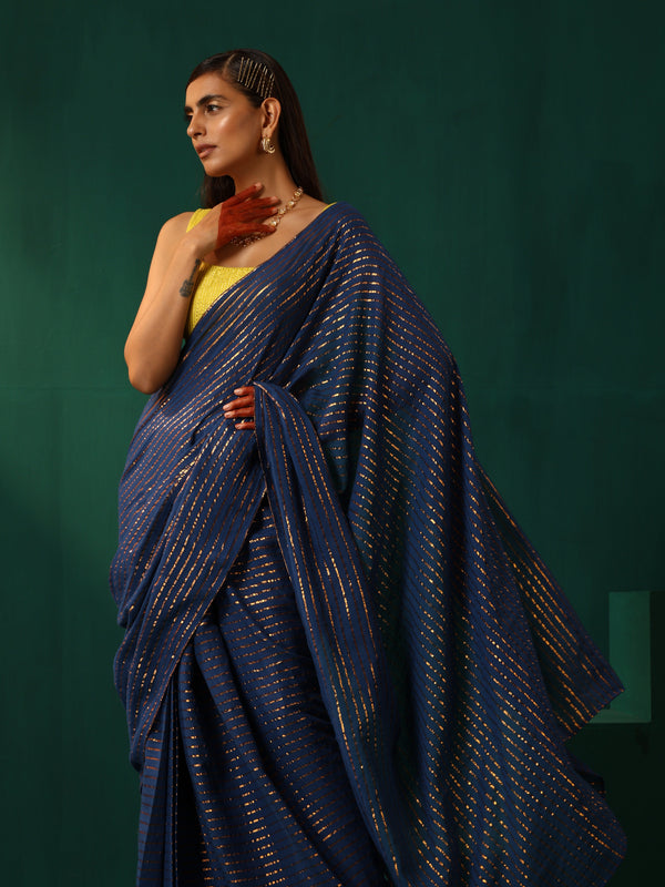 trueBrowns Royal Blue Cotton Gold Lurex Striped Ready to Wear Saree