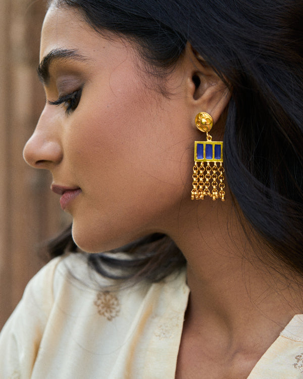 trueBrowns 22K Gold-Plated Blue Long Earrings