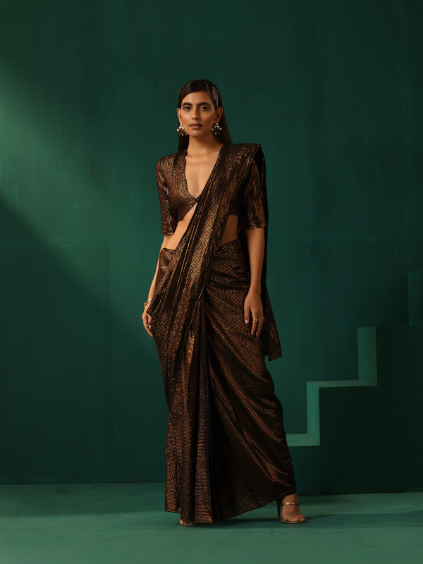 trueBrowns Black Cotton Gold Lurex Striped Ready to Wear Saree