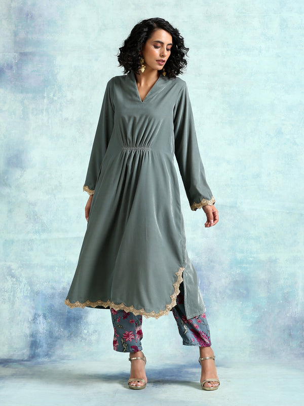 Grey Velvet Lace Kurta