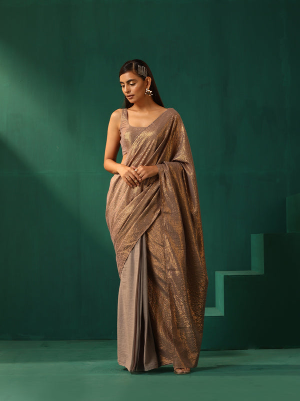 trueBrowns Grey Cotton Gold Lurex Striped Ready to Wear Saree