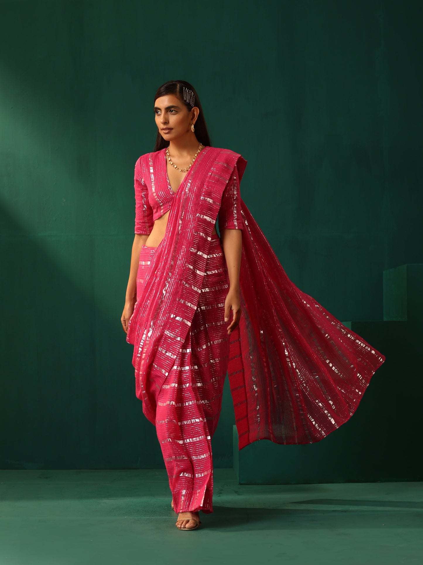 trueBrowns Rani Pink Cotton Silver Lurex Striped Ready to Wear Saree