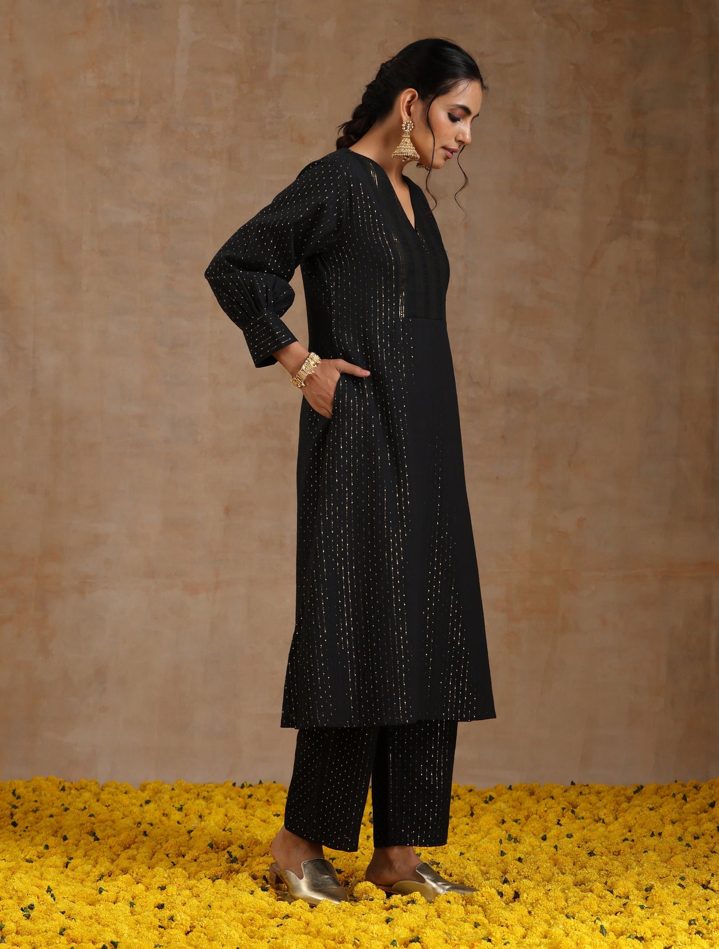 Black Gold Cotton Overlap Yoke Kurta Set