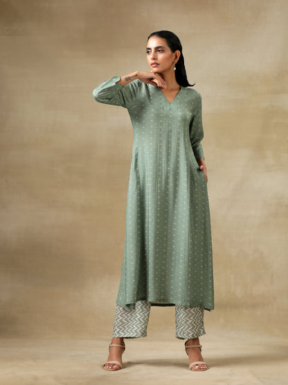 Light Green Bandhani Printed Silk High Slit Kurta Pant Set