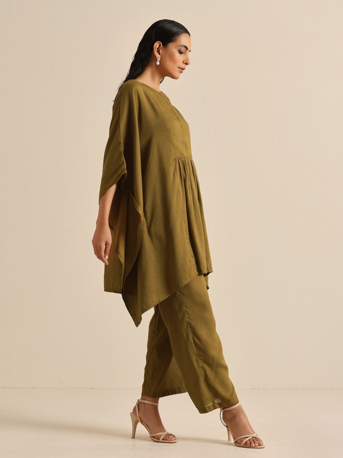 Olive Green Texture Doddy Kaftan Gathered Co-Ord Set