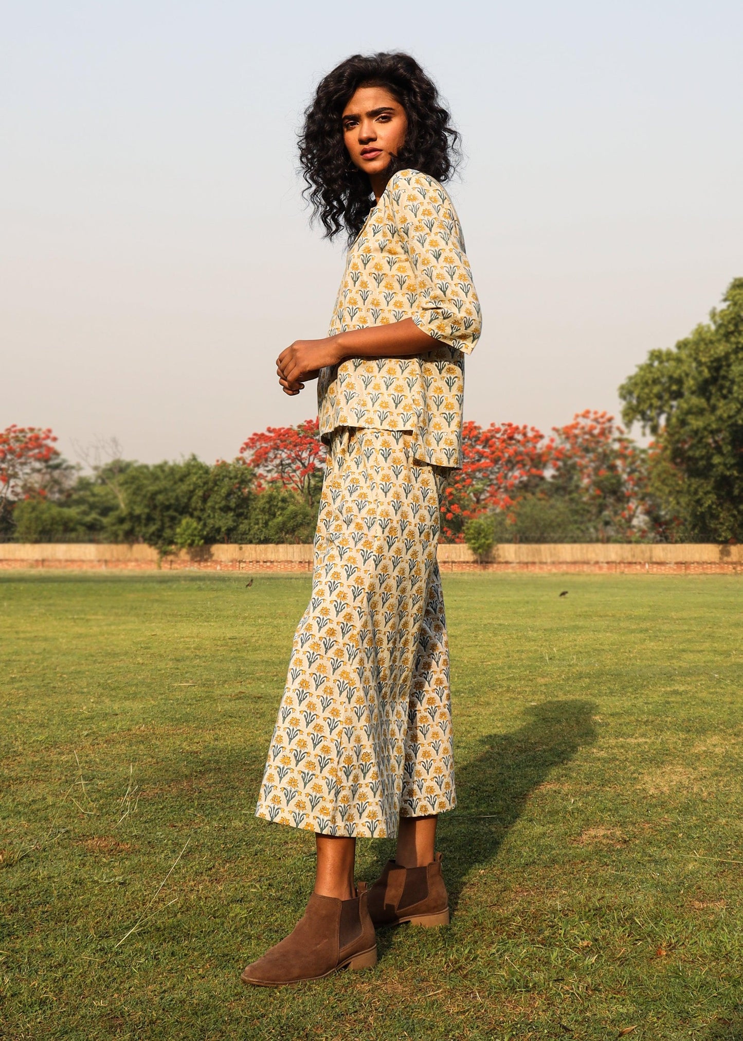 Light Sage Cotton Block Print Lapel Shirt Co-Ord Set - trueBrowns