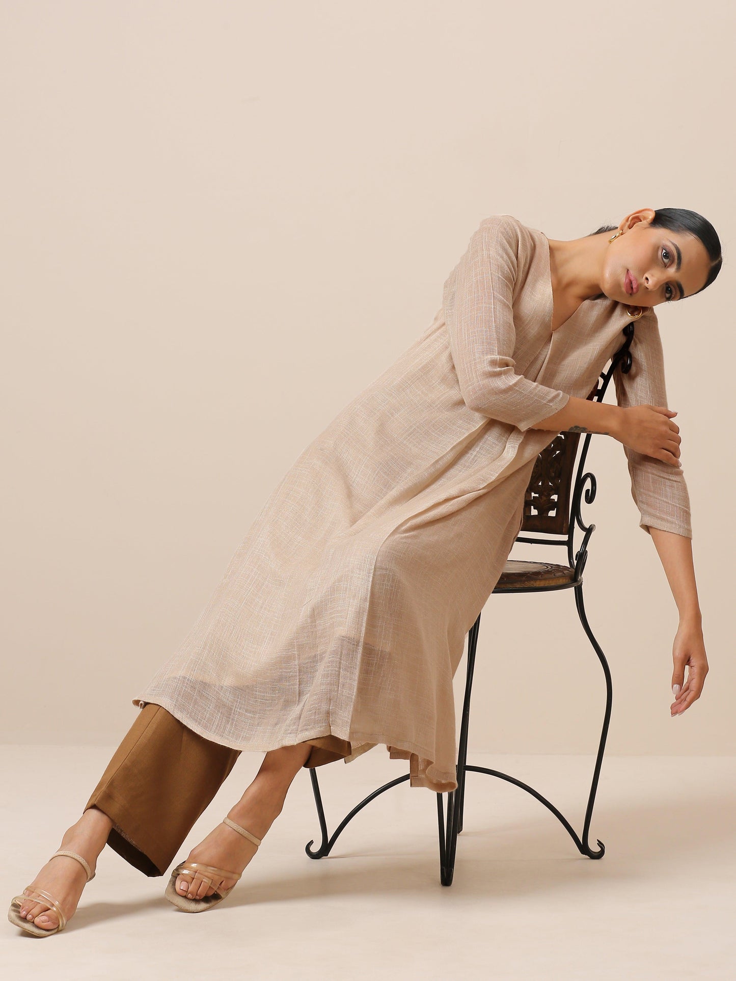 Linen Beige Textured Slit Kurta Pant Set