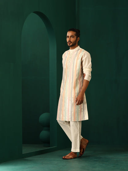 trueBrowns Men's Ivory Multi Colour Striped Cotton Kurta