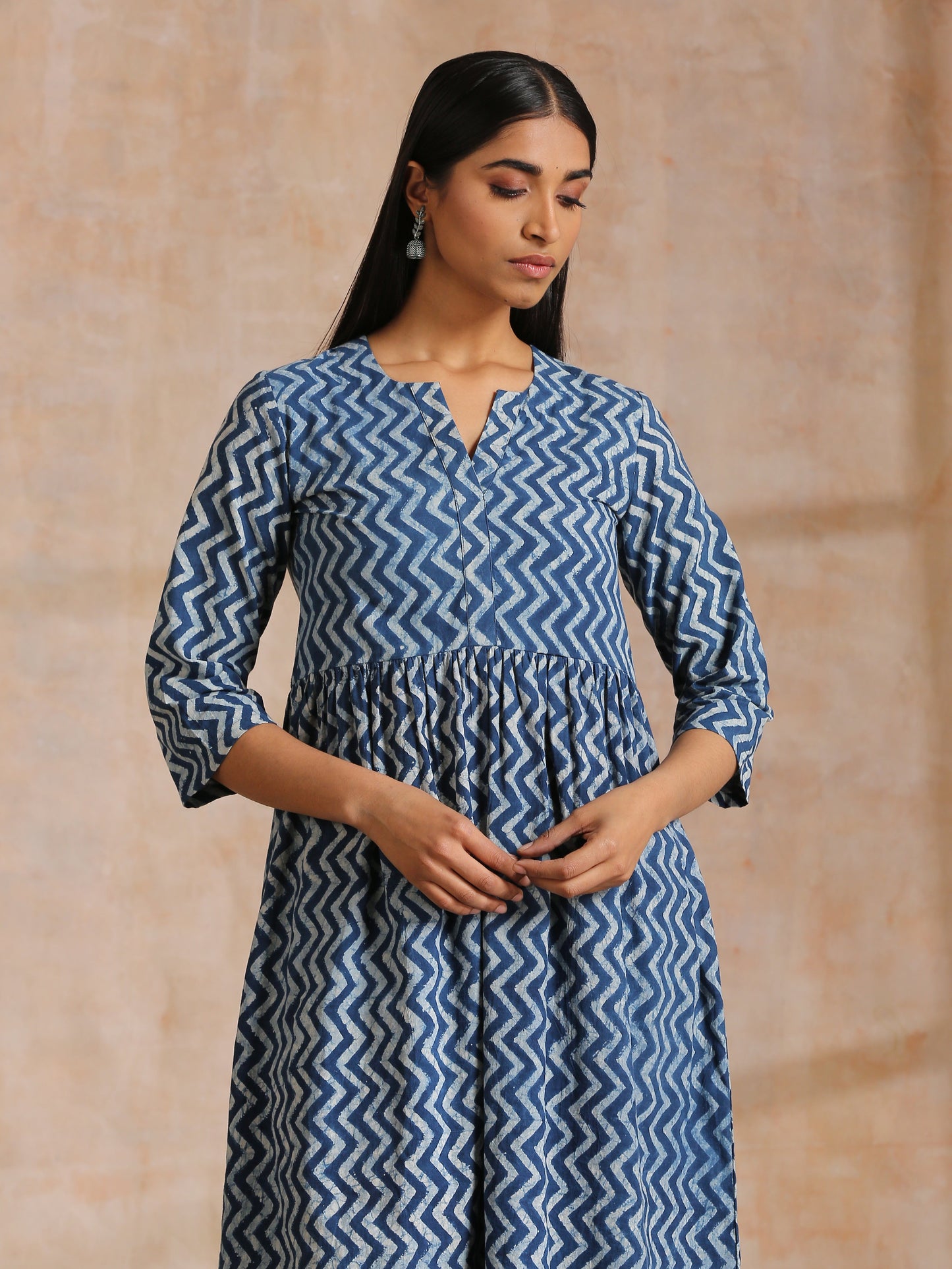 Indigo Dabu Zig-Zag Lines Print Cotton Flared Kurta Pant Set