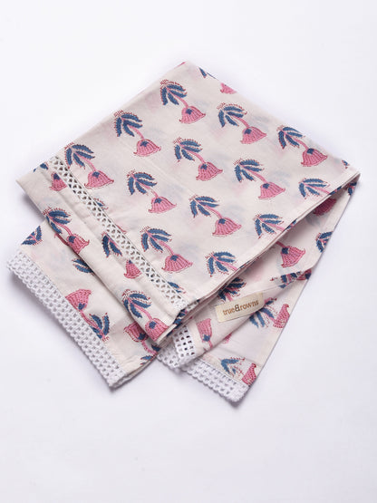 White With Pink Buta Print Cotton Stole