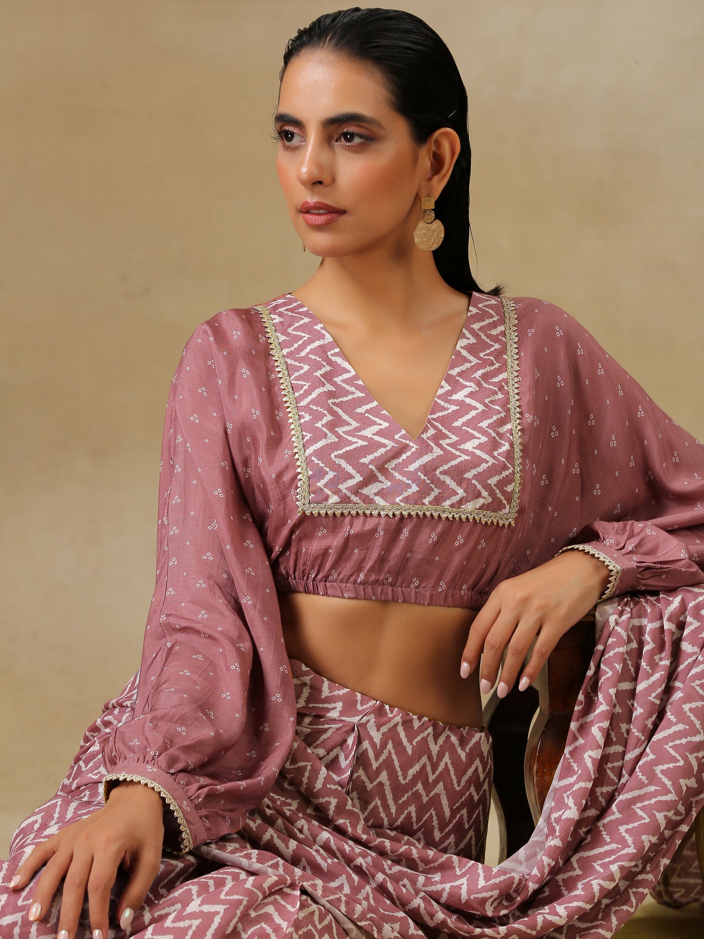 Dark Mauve Bandhani Printed Silk Elasticated Blouse